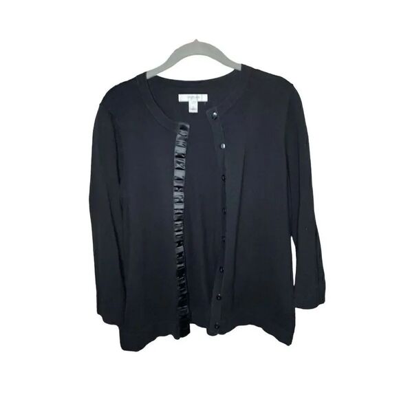 Liz Claiborne Sweaters - Liz Claiborne women’s black satin trim button up Cardigan medium